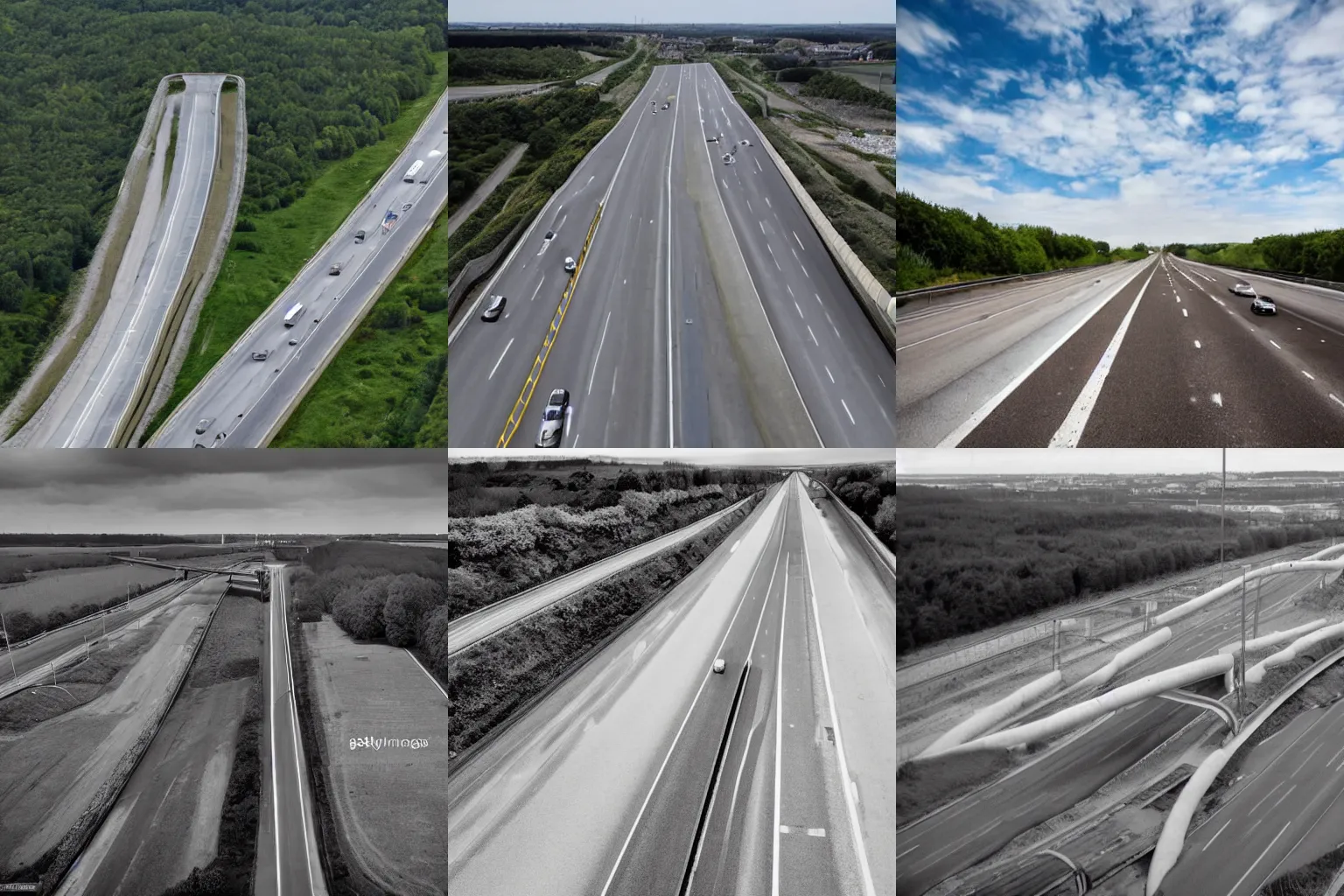 Prompt: photo numérique d'une autoroute abandonnée avec trois forme d'hommes inquiétantes flottants dans le ciel. Plan panoramique, très large vue.