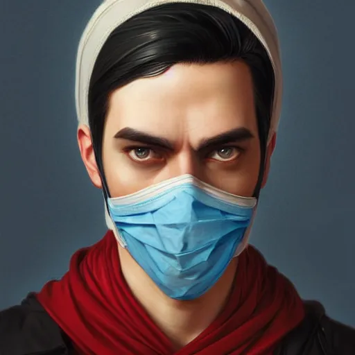 Image similar to ultra realistic illustration, man with black hair with a black medical mask, in blue hood, red and blue eyes, highly detailed, digital painting, artstation, concept art, smooth, sharp focus, illustration, art by artgerm and greg rutkowski and alphonse mucha