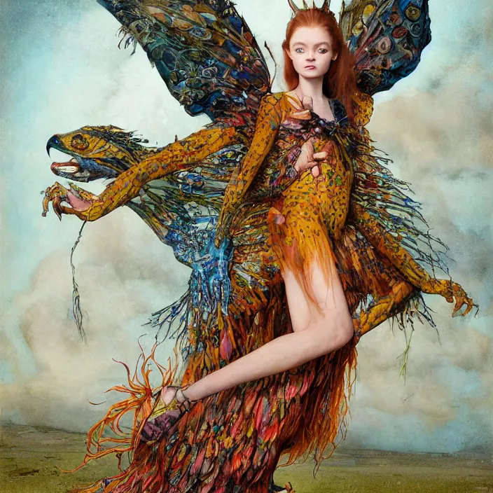 Image similar to a fashion editorial of sadie sink with hooves as a brightly colored eagle amphibian hybrid super hero witch with wet translucent mutated scaled skin. wearing a infected organic dress. by tom bagshaw, donato giancola, hans holbein, walton ford, gaston bussiere, peter mohrbacher, brian froud and iris van herpen. 8 k, cgsociety