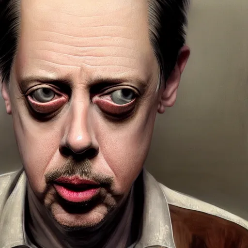 Image similar to hyperrealistic mixed media painting of steve buscemi, perfect facial symmetry, dim volumetric lighting, 8 k octane beautifully detailed render, post - processing, portrait, extremely hyper - detailed, intricate, epic composition, brown eyes, highly detailed eyes, realistic eyes, masterpiece, trending on artstation, very very detailed, stunning,