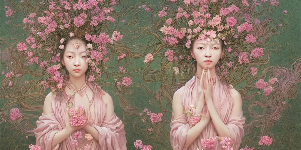 Image similar to breathtaking detailed weird concept art painting of the goddess of light pink flowers, orthodox saint, with anxious, piercing eyes, ornate background, amalgamation of leaves and flowers, by Hsiao-Ron Cheng, James jean, Miho Hirano, Hayao Miyazaki, extremely moody lighting, 8K