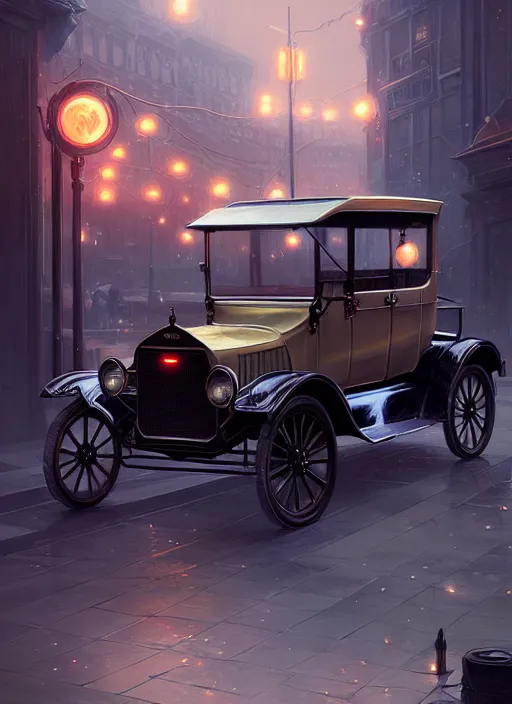 Prompt: ford model t, intricate, elegant, glowing lights, highly detailed, digital painting, artstation, sharp focus, illustration, art by wlop, mars ravelo and greg rutkowski