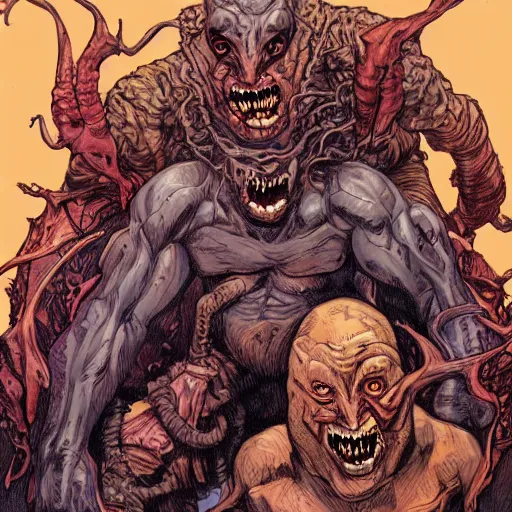 Prompt: precisely drawn illustration of a flesh pile of arms eyes and mouths, wide angle, sharp, fine details, french comic style, vibrant realistic colors, full color, heroic fantasy, intense line art, 8 k, precise linework, realistic, in the style of heavy metal comics and richard corben and moebius