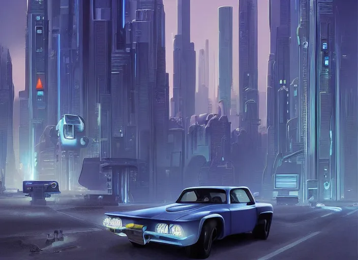 Prompt: a blue car driving down a street next to tall buildings, cyberpunk art by Chesley Bonestell, cgsociety, retrofuturism, matte painting, reimagined by industrial light and magic