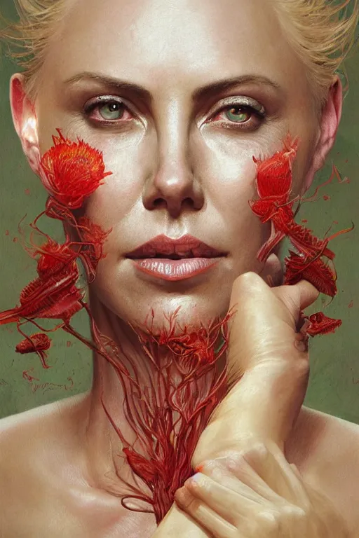 Prompt: Portrait of Venus flytrap with face of Charlize Theron, intricate, highly detailed, smooth, artstation, digital illustration by Ruan Jia and Mandy Jurgens and Artgerm and Wayne Barlowe and Greg Rutkowski and Zdislav Beksinski