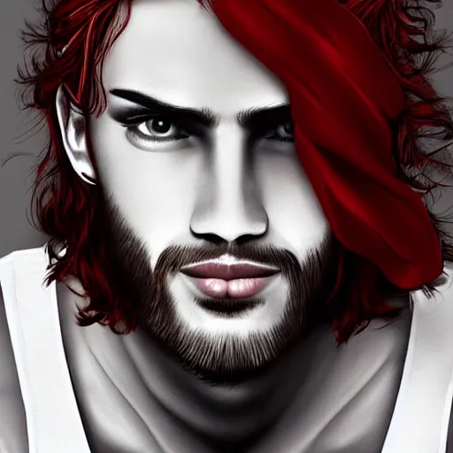 Prompt: professional digital art of a fashionable young man with long red hair and a black sweatband, high quality, highly detailed, HD, 8K