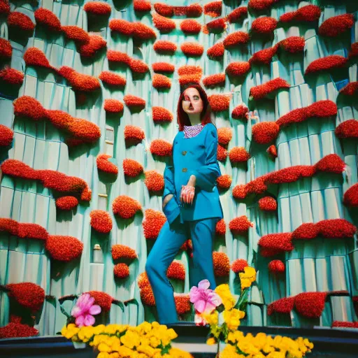 Image similar to giant flower head, full body, girl standing in hotel, surreal, symmetry, mid century, bright colours, blue sky, realistic, wes anderson