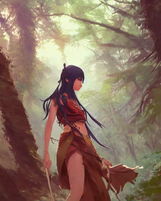 Image similar to an asian tribeswoman standing in the woods. By Makoto Shinkai, Stanley Artgerm Lau, WLOP, Rossdraws, James Jean, Andrei Riabovitchev, Marc Simonetti, krenz cushart, Sakimichan, D&D trending on ArtStation, digital art.