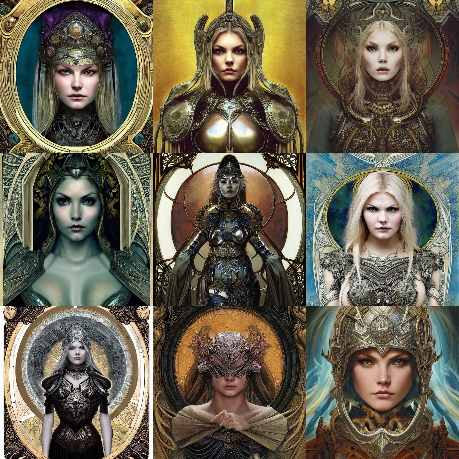 Prompt: masterpiece head-on symmetrical centered portrait, Elisha Cuthbert as a Warcraft paladin warrior, wearing steel plate armour covering chest, blonde hair, masterpiece fractal art nouveau background, elegant, distant, gothic, medieval, in the style of Edgar Maxence and Ross Tran and Zdzisław Beksiński and Gustave Doré and H.R. Giger and Mucha, specular highlights, 8k, octane render