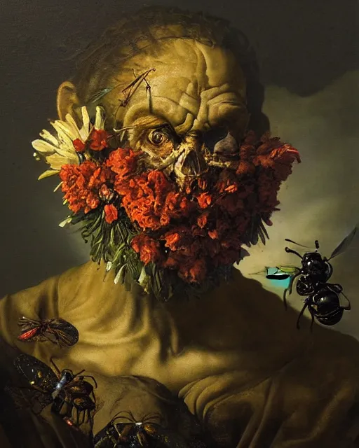 Prompt: oil painting portrait dark background of a mutant man with a strange disturbing face made of flowers and insects by otto marseus van schriek rachel ruysch christian rex van minnen dutch golden age dramatic lighting chiaroscuro