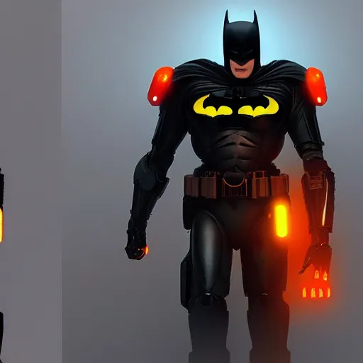 Image similar to concept render of an orange robot batman by cedric peyravernay and leon tukker