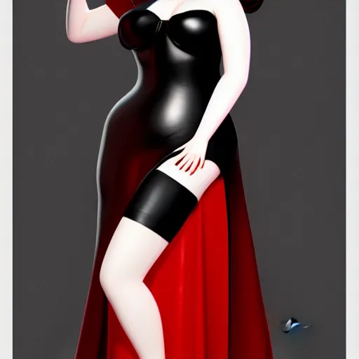 Image similar to a curvy feminine pale goth cutie with a thin waist in a tight red-black leather sequined tube gown, cgsociety, photorealistic, sublime-comforting ambience, 16k, smooth, sharp focus, trending on ArtStation, volumetric lighting, fully clothed, worksafe