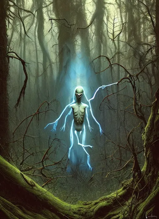 Image similar to hyper realistic spooky alien in the woods in a river gorgeous lighting, lush forest foliage blue sky a hyper realistic painting by chiara bautista and beksinski and norman rockwell and greg rutkowski, tom bagshaw weta studio, and lucasfilm