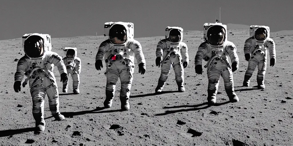 Prompt: analog photo of multiple spacemen walking around on the moon, high definition, faded colors in black and white photo