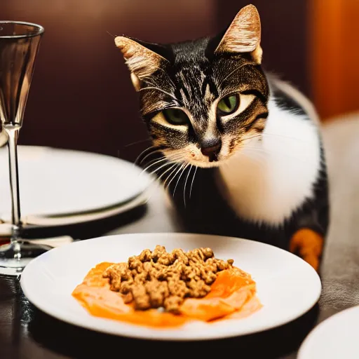 Image similar to A photo of a cat wearing a suit sitting in a fancy and expensive gourmet restaurant and eating a plate of cat food. f/2.8, dim lighting, award winning photo