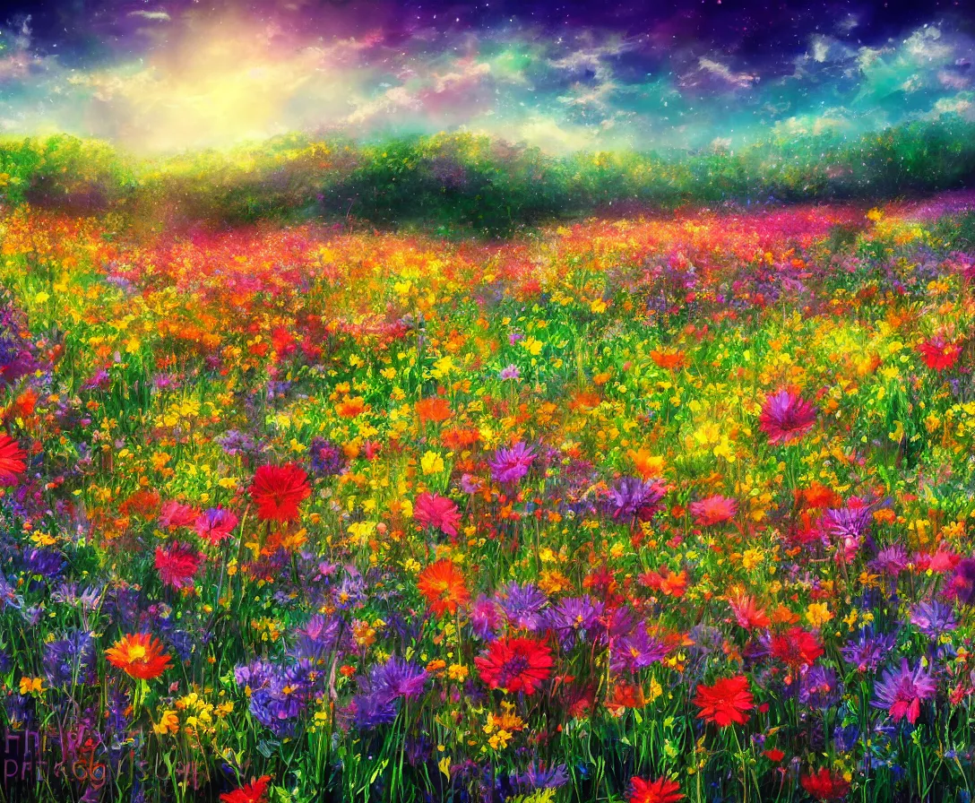 Prompt: a heavenly field of colorful flowers, highly detailed, digital painting, high fantasy, sunstreaks, high contrast, bokeh, soft tones