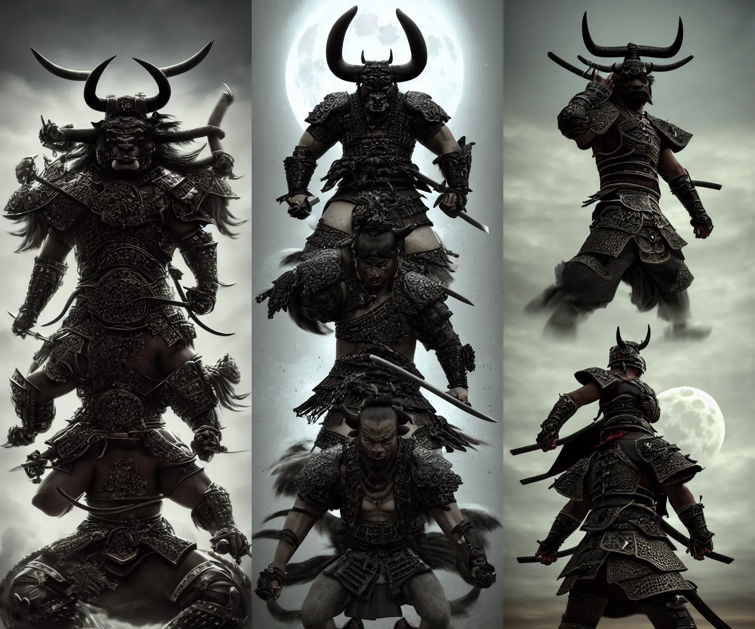 Prompt: anthropomorphic, half man half asian black bull, black bull samurai, Moon Bull Samurai, epic, samurai, stunning 3d render inspired art by Renato muccillo and Andreas Rocha and Johanna Rupprecht + symmetry + natural volumetric lighting, 8k octane beautifully detailed render, post-processing, highly detailed, intricate complexity, epic composition, magical atmosphere, cinematic lighting + masterpiece, trending on artstation