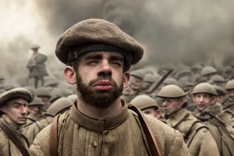 Prompt: jay baruchel smoking cigar, as world war 1 soldier in the trenches, 4 k hdr imax cinematography by roger deakins, award winning shot, beautiful composition, principal photography, vfx action shot