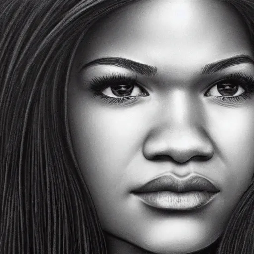 Image similar to a realistic close - up portrait of a zendaya, charcoal drawing, intricate, high definition, 4 k, trending