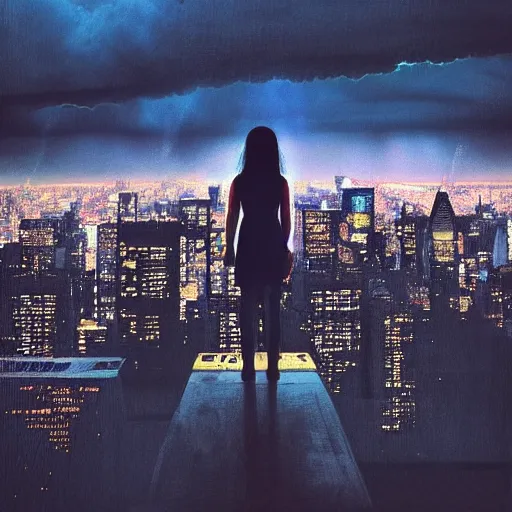 Image similar to “ a girl standing on a ledge looking down at a futuristic new york city below, bright city lights, storm clouds, rain, dramatic lighting, by james jean ”