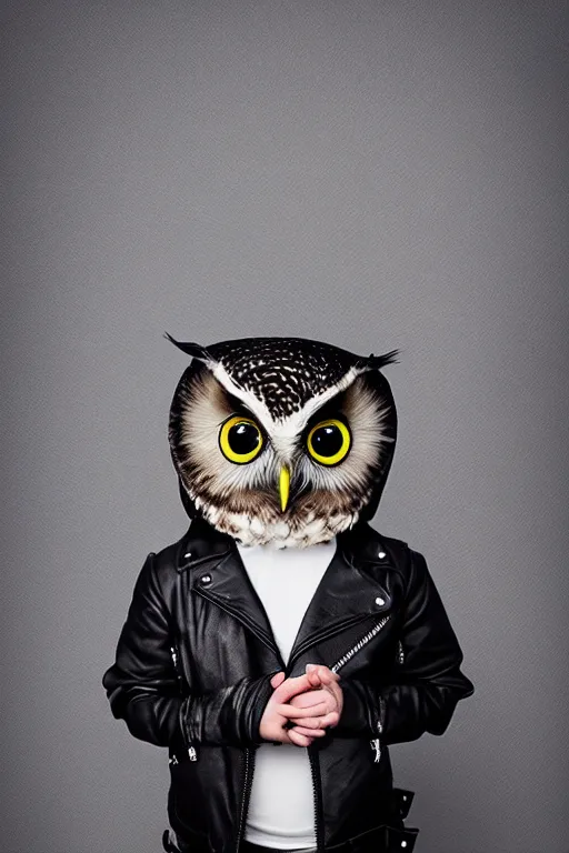 Image similar to cute little owl wearing black biker jacket, portrait photo, backlit, studio photo, dark plasma background