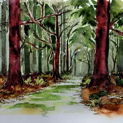 Image similar to abandoned city overgrown by trees, watercolor