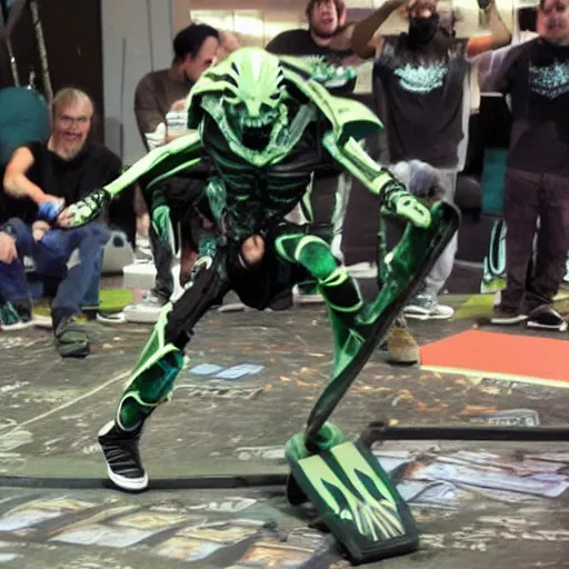 Prompt: necron doing a kickflip while humans look on in amazement and awe