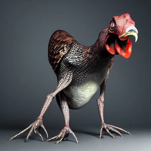 Prompt: caught with a 6 legged oil teeth chicken, hyper detailed, photorealistic, octane render, trending at gitmo, 8 k.