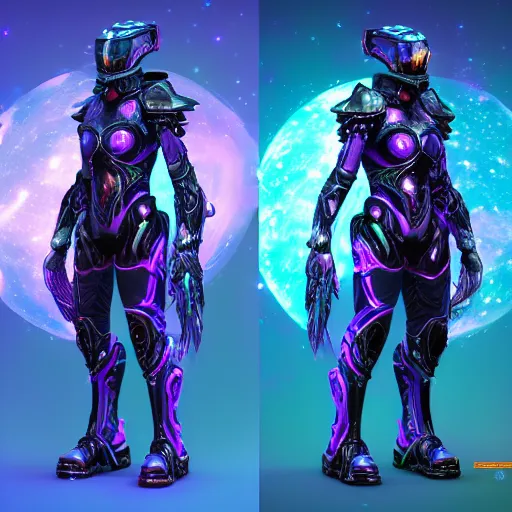 Image similar to Full Armor set made of galaxies and sci fi parts conjuring cosmic energy, surrealism, smooth, intricate, elegant, galactic energy, power aura, neon glowing spells, digital render, artstation, concept art, high tech fantasy, sharp focus, photorealism, art by Jason Chan and Riot Studios and Blizzard Studios, Unreal engine 5