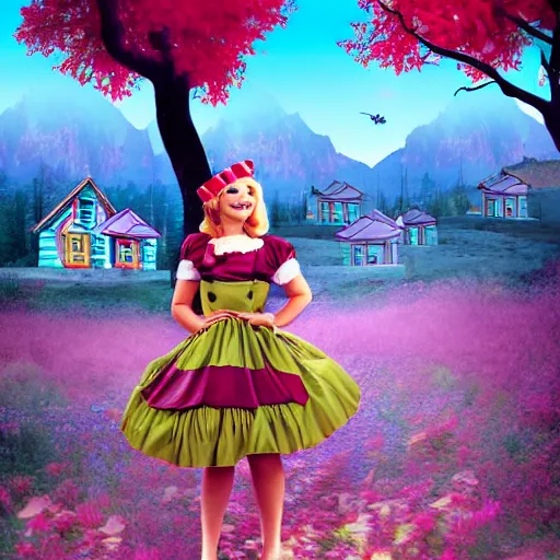 Image similar to a giant alice in wonderland, pin up, houses, trees, mountains, woman, city, digital art, photo