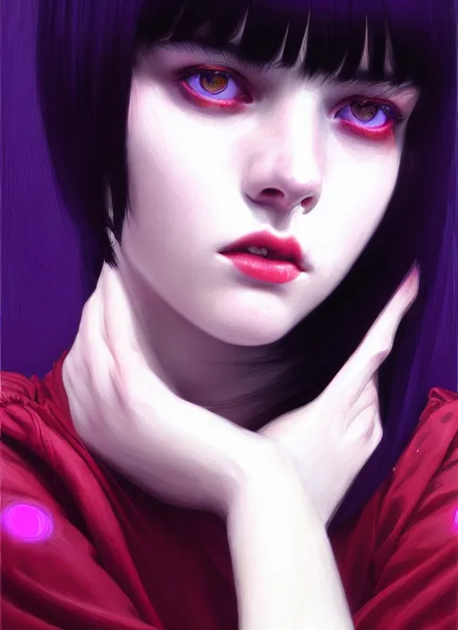 Image similar to portrait of teenage girl, red irises, red eyes, black hair, white bangs, purple clothes, white bangs, bangs, black hair and white bangs, intricate, elegant, glowing lights, highly detailed, digital painting, artstation, concept art, smooth, sharp focus, illustration, art by wlop, mars ravelo and greg rutkowski