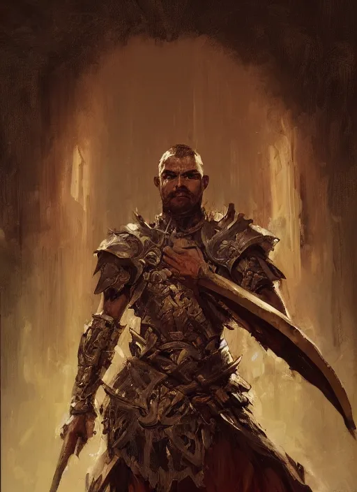 Image similar to Oil painting of a male human warrior, portrait, D&D, Magic The Gathering, by Craig Mullins, Nekro, Victo Ngai, centered, symmetrical, 8k, sharp focus