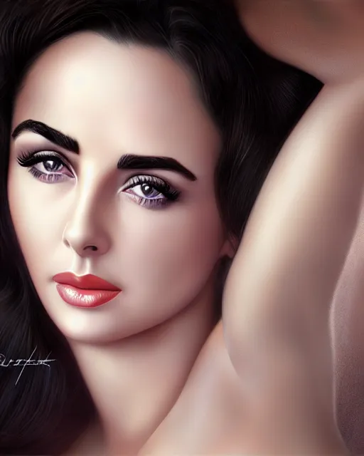 Prompt: elizabeth taylor, photo, ultra detail, photoreal, professionally retouched, soft moonlight lighting, shiny plastic bikini, realistic, smooth face, goddess, luscious lips, perfect eyes, wide angle, sharp focus on eyes, 8 k high definition, insanely detailed, intricate, elegant, art by artgerm and wlop