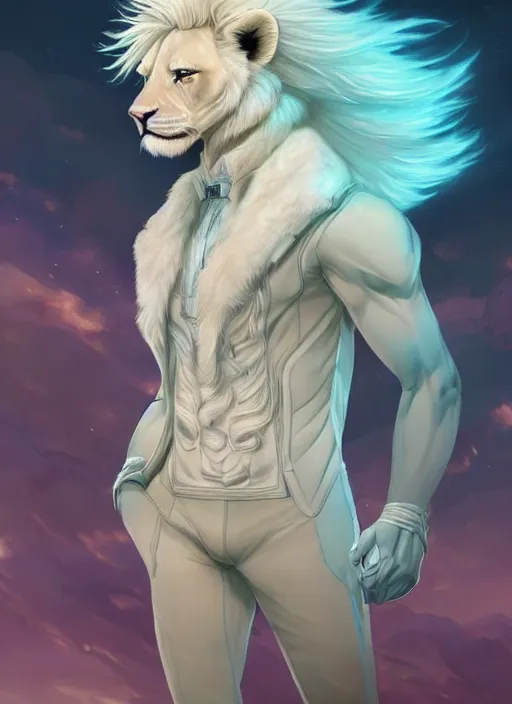 Prompt: aesthetic portrait commission of a of a male fully furry muscular anthro albino lion with a tail and a beautiful attractive hyperdetailed face wearing stylish and creative wearing mint outfit made out of silk in a sci-fi dystopian city at golden hour while it storms in the background. Character design by charlie bowater, ross tran, artgerm, and makoto shinkai, detailed, inked, western comic book art, 2021 award winning film poster painting