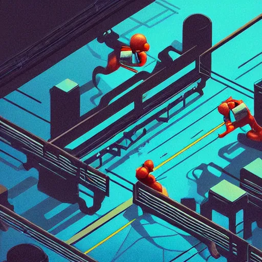 Image similar to a beautiful highly detailed vector illustration close up of a boxing match with robots in a factory, punk styling by atay ghailan, cliff chiang, loish and goro fujita, silver, silver, brown, black, blue and cyan tones, featured on artstation, featured on behance, grunge aesthetic