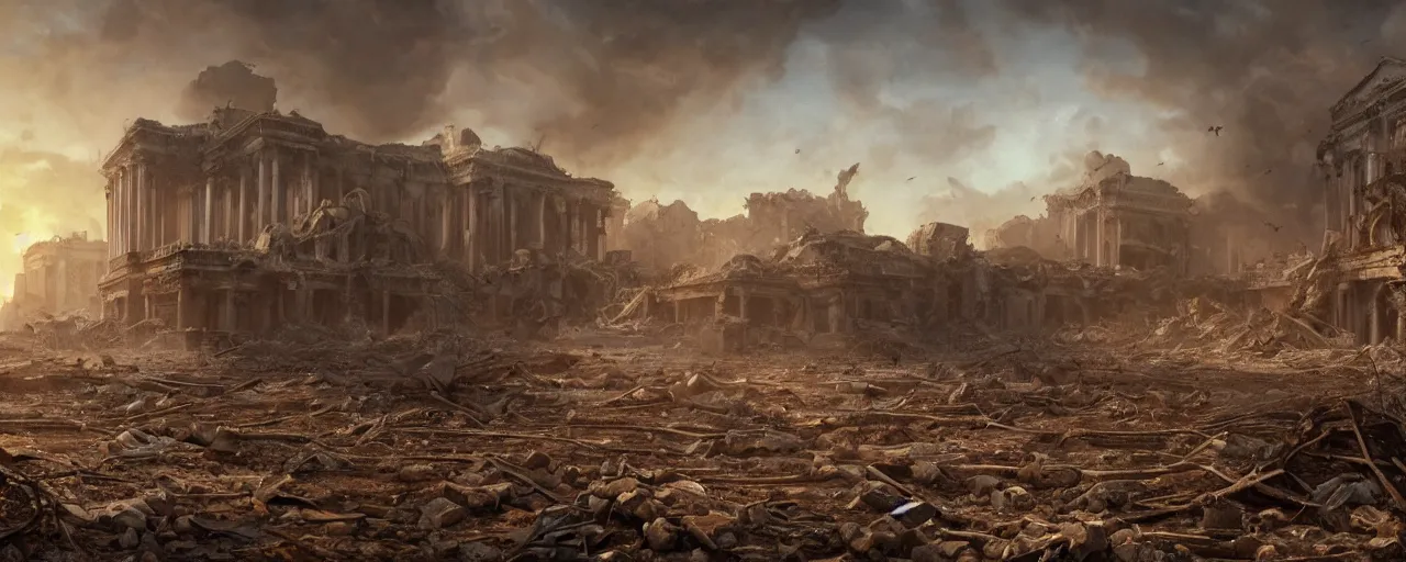 Image similar to A beautiful hyper realistic detailed matte painting of the destroyed Capitolium after nuclear bomb::post-apocalyptic landscape at early sunrise::a lot of debris and burned bushes and trees::by John Howe and Andreas Rocha and Martin Johnson Heade and Albert Bierstadt, Fallout style::unreal engine, trending on artstation, golden ratio, rectilinear