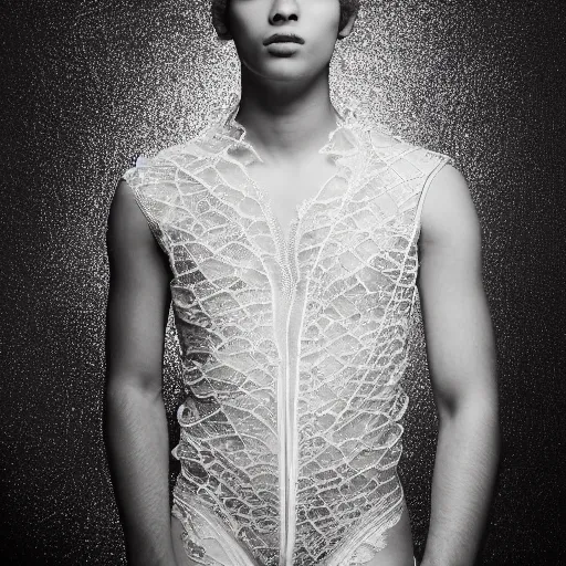 Image similar to a portrait of a beautiful young male wearing an alexander mcqueen bodysuit made of silver lace , photographed by andrew thomas huang, artistic