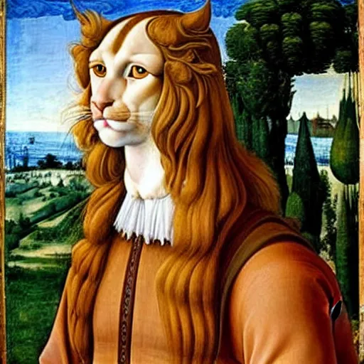 Image similar to beautiful renaissance painting portrait of ginger maine coon with white beard by sandro botticelli, jan van eyck, tiziano vecelli, piero della francesca