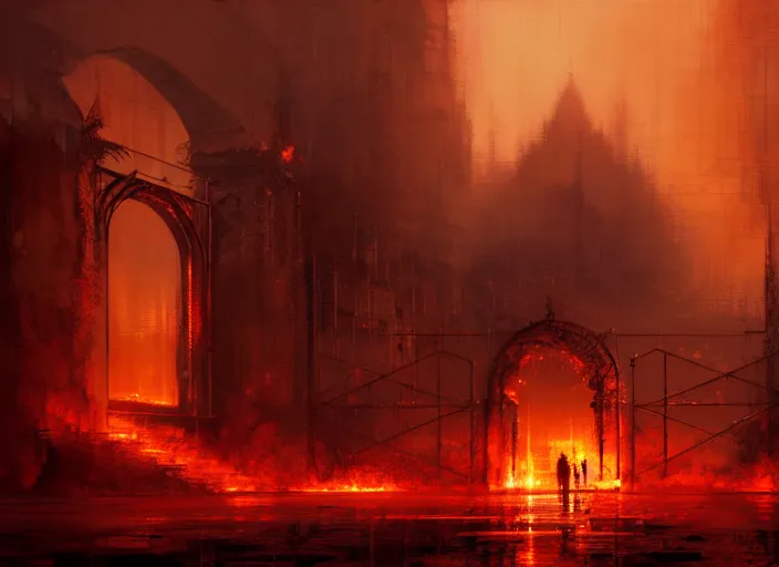 Image similar to huge gate, environment, illustration, fire, smoky, red, colors, epic scene, by craig mullins, symmetrical, golden raito, high quality, intricate details, details, intricate, atmosphere, highly detailed, matte painting, cinematic, deviantart, realistic, concept art, 4 k