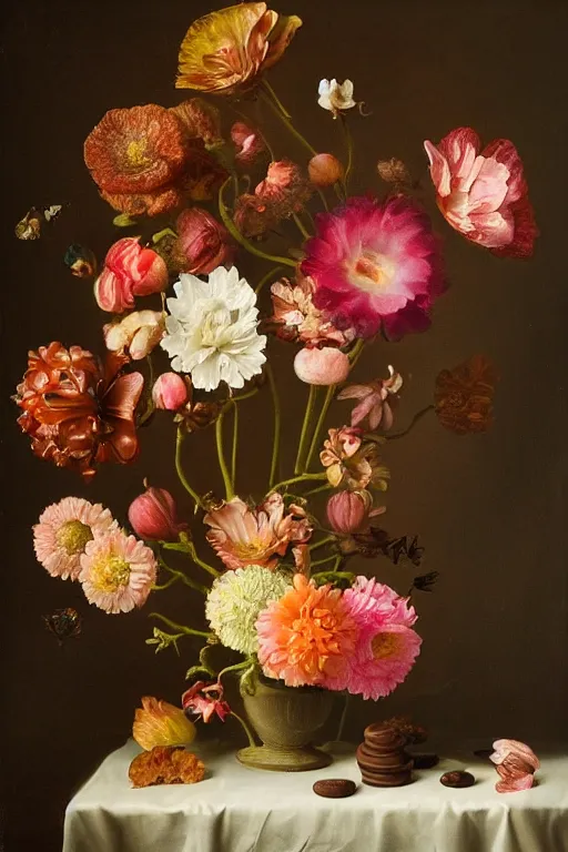 Image similar to painting of chocolate flowers in a vase on a table, by rachel ruysch, pop surrealism, biomorphic, made of sweet delicious texture