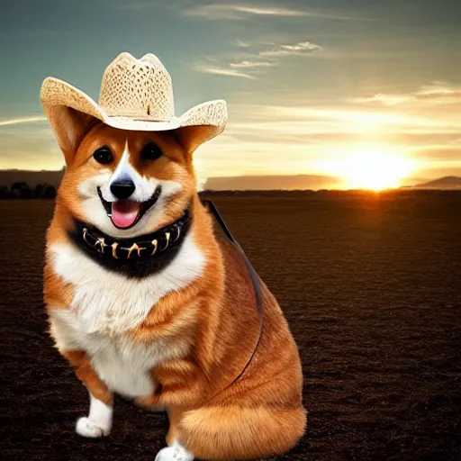 Prompt: cat in a cowboy hat riding a corgi, wild west, sunset