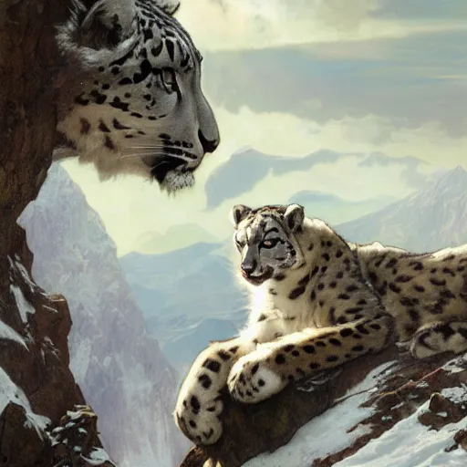 Prompt: Concept art, A shiny snow leopard sitting by snow mountains, 8k, alphonse mucha, james gurney, greg rutkowski, john howe, artstation