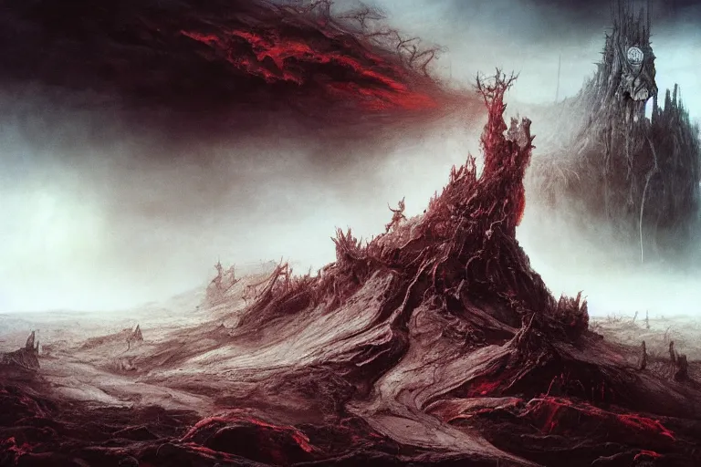 Image similar to fortress of hell, the seventh seal flung open, the horseman of the apocalypse ride, maelstrom, gehenna, chaos, the world without form and void, amazing concept painting by Jessica Rossier and HR giger and Beksinski