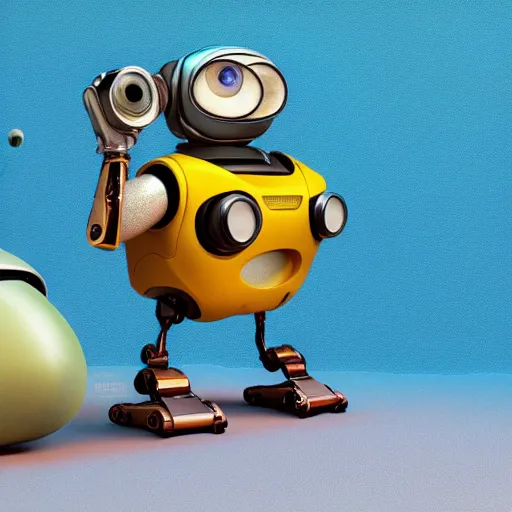 Image similar to two small chubby bots, hyperdetailed colourful, smooth panelling, intricate detail, pushing a battery, style of cute pokemon, with damaged rusty arms, antenna, jerboas, floating, white studio, oil, mechanical, cute toy, wall - e, ambient light, in the style of pixar animation, pokedstudios,, blender, octane render, 8 k,