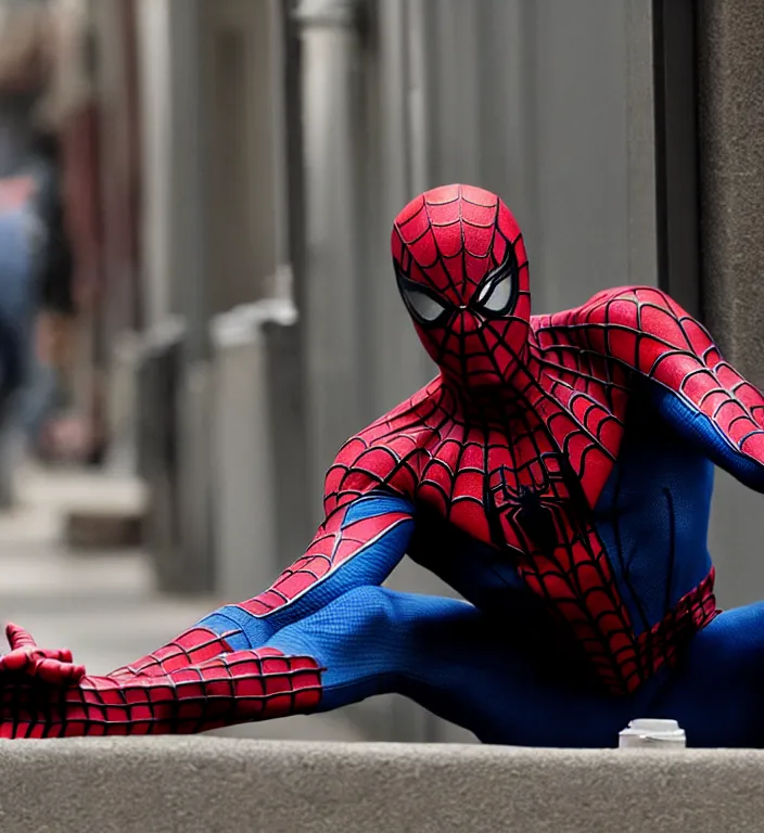 Image similar to cinematic still of spiderman homeless