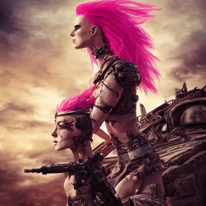 Prompt: beautiful apocalyptic woman with pink Mohawk, standing on mad max panzer tank, 4k ultra hd, fantasy dark art, tank girl, artstation, octane render, elegant, detailed digital painting