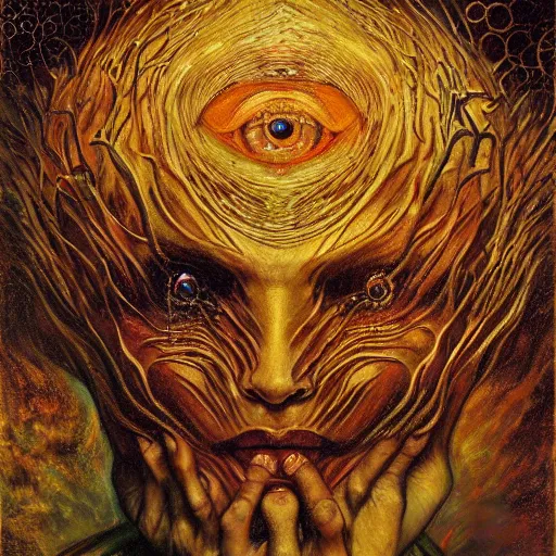 Image similar to Visions of Hell by Karol Bak, Jean Deville, Gustav Klimt, and Vincent Van Gogh, nightmare portrait, infernal, visionary, otherworldly, fractal structures, ornate gilded medieval icon, third eye, hellfire, lovecraftian, spirals, cosmic horror