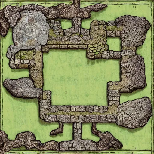 Prompt: overhead RPG battlemap of a stone fort sitting above a swamp, detailed, hand-painted, drivethruRPG top seller popular