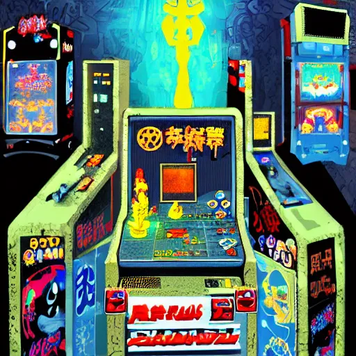Prompt: grimey japanese retro arcade filled with satanic arcade cabinets, occult video games, 9 0's gaming, satanic portals, digital art, trending on art station