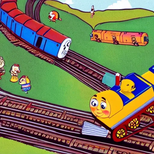 Prompt: An illustration of the trolley problem where Thomas the Tank engine is to the point of crushing the Sylvanian family who lay on the rails in front of him